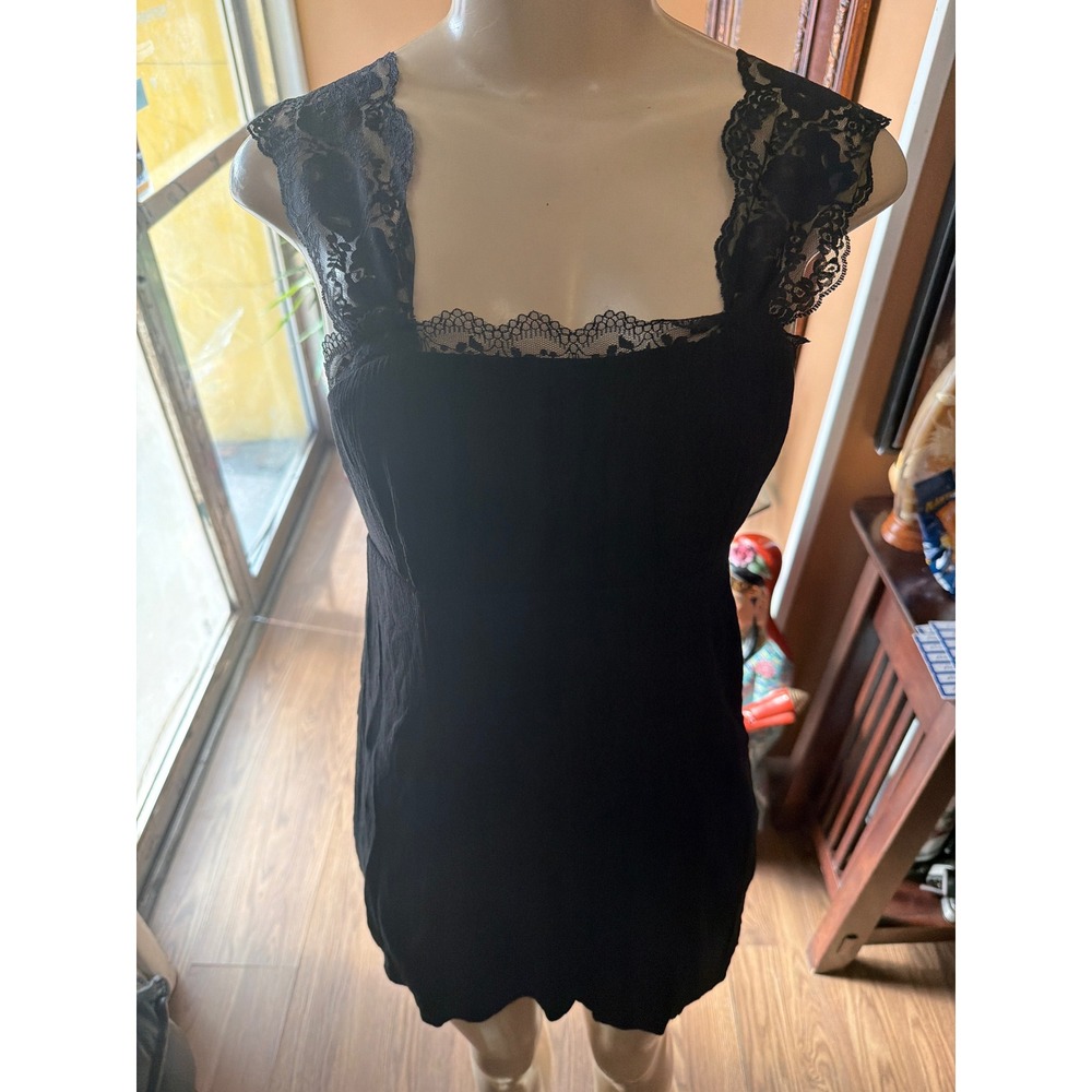 Self-E Black Lace Trim Empire Waist Mini Dress Small Square Neck‎ Smocked Back